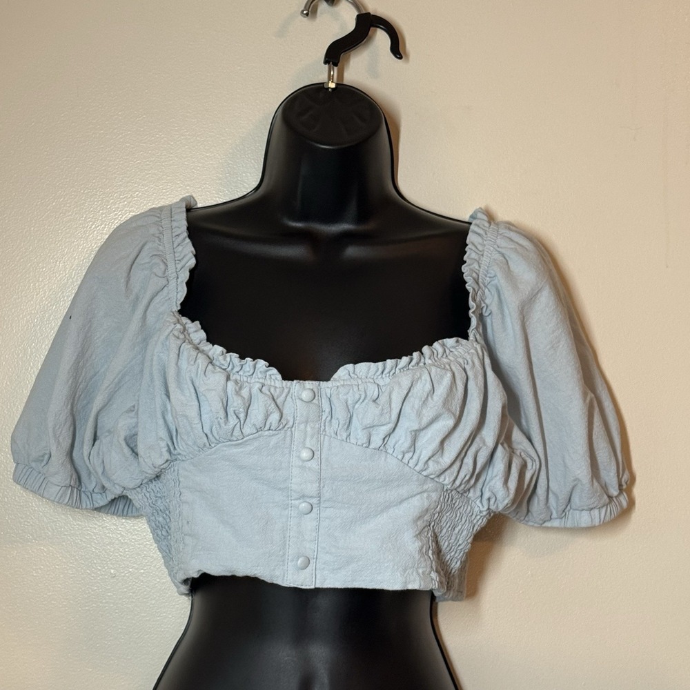 Womens‎ Y2K Milkmaid Babydoll Cropped Top Size L Light Blue Coquette Festival